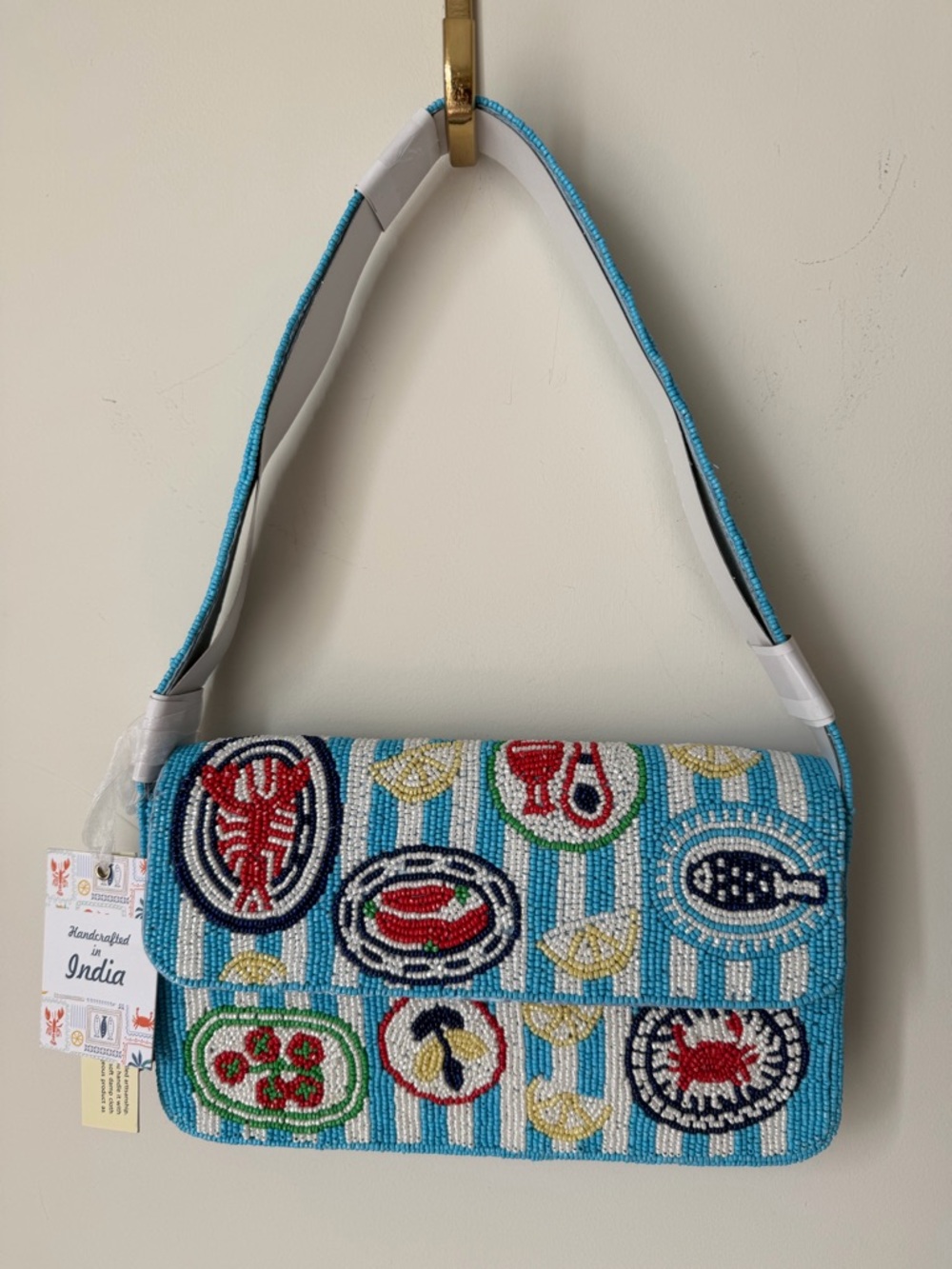 Viral Beaded Coastal Seafood Blue Stripe Shoulder Bag